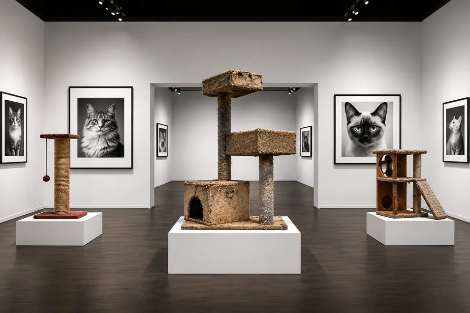 A modern gallery displays vintage carpet, cardboard, and plywood cat trees as art, surrounded by sleek black-and-white cat portraits in minimalist frames.