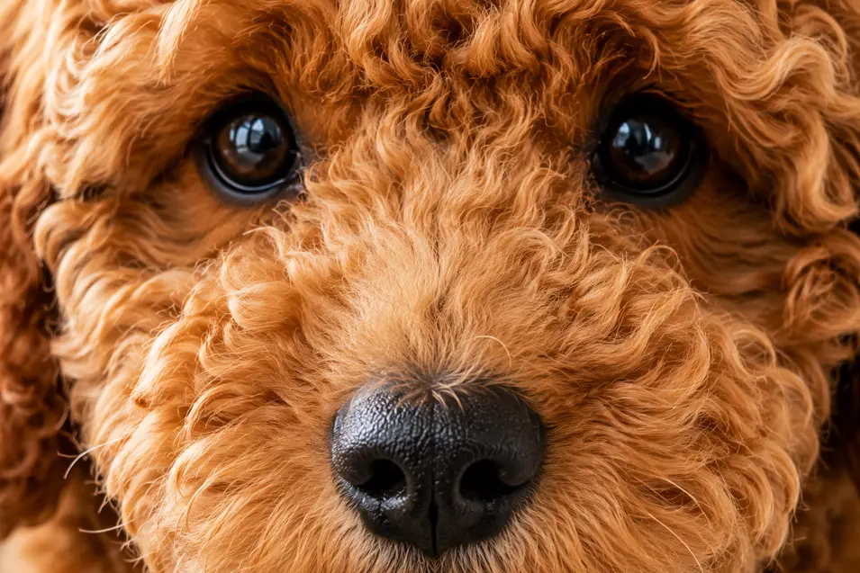 Extreme close-up of a curly-haired puppy's face, highlighting expressive eyes, textured fur, and a glossy nose with stunning detail and warm natural light.