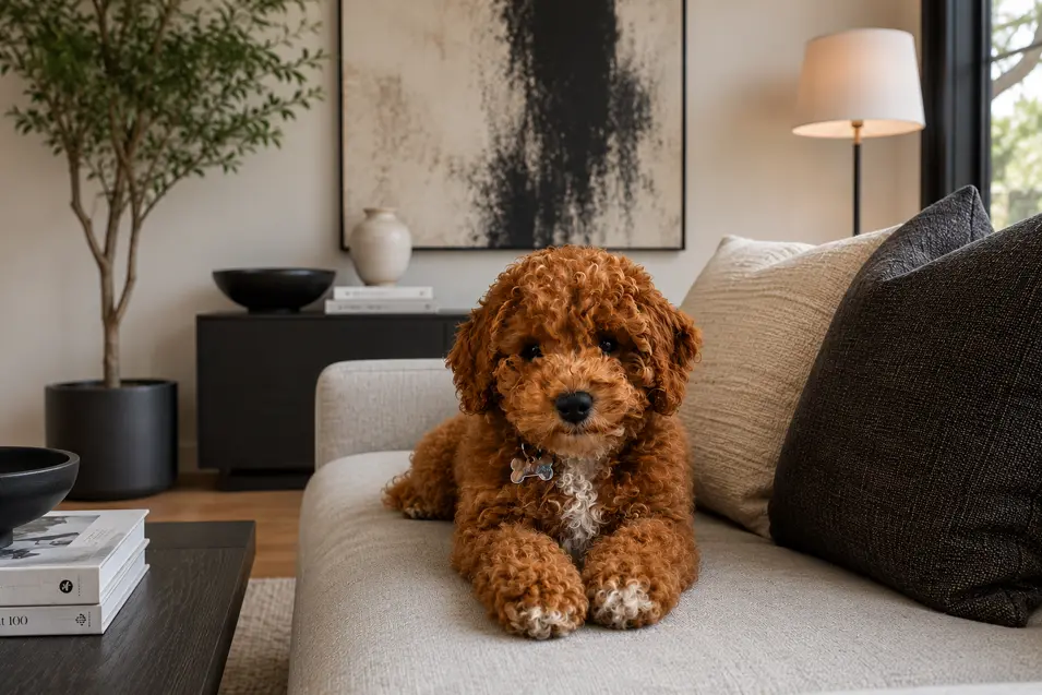 A curly-haired puppy relaxes on a modern beige sofa in a stylish living room with neutral décor, soft natural light, and a warm, cozy atmosphere.