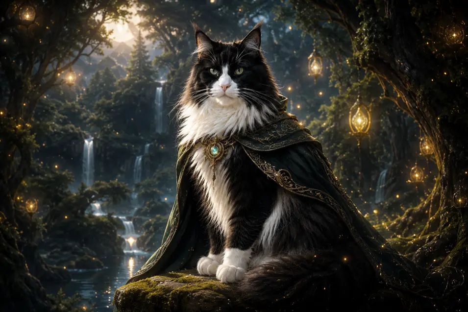 A majestic tuxedo cat in an enchanted forest, surrounded by glowing magic, mystical waterfalls, and cinematic fantasy lighting in ultra-detailed concept art.