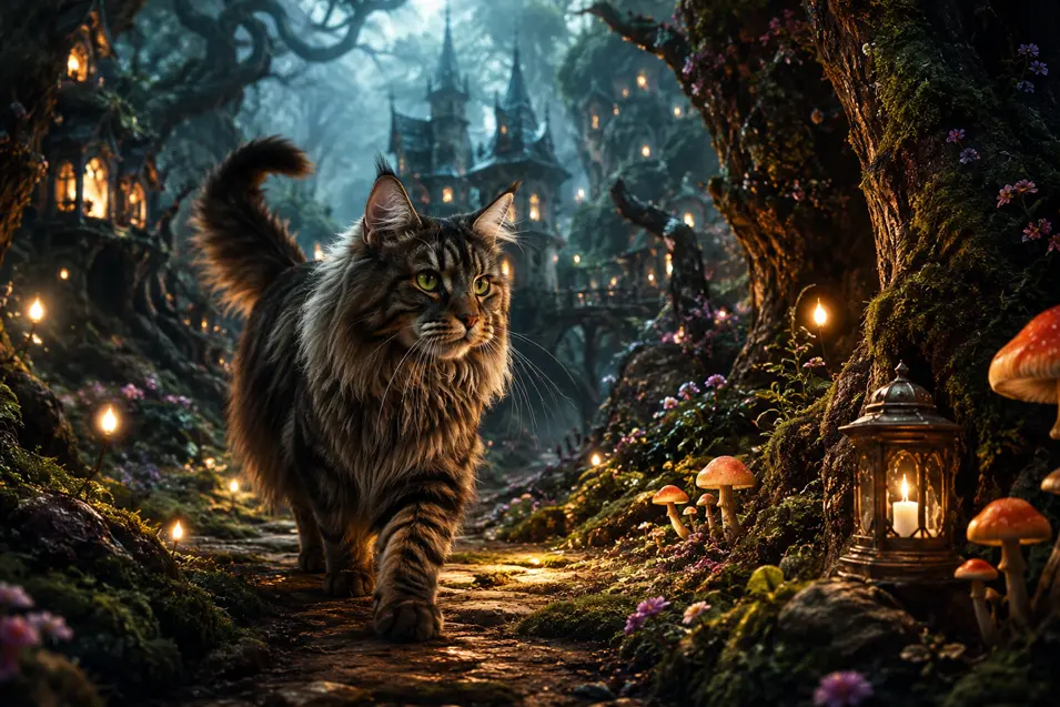 Majestic Maine Coon exploring an enchanted forest with glowing lanterns, magical lights, towering trees, and cinematic fantasy atmosphere.