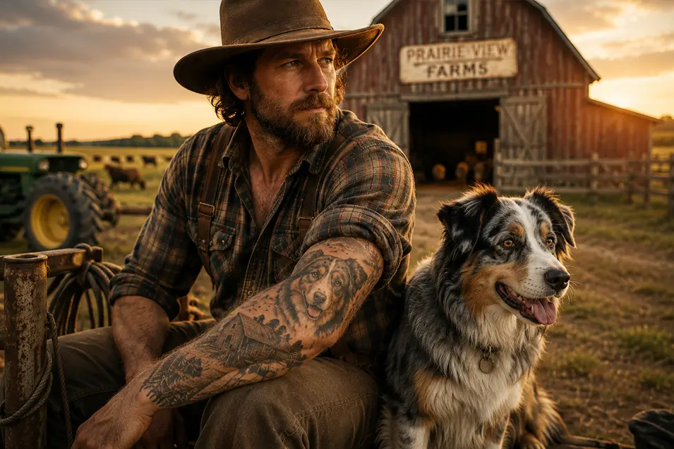 Rugged farmer at sunset with a detailed Australian Shepherd forearm tattoo, seated beside his loyal farm dog in front of a weathered barn.