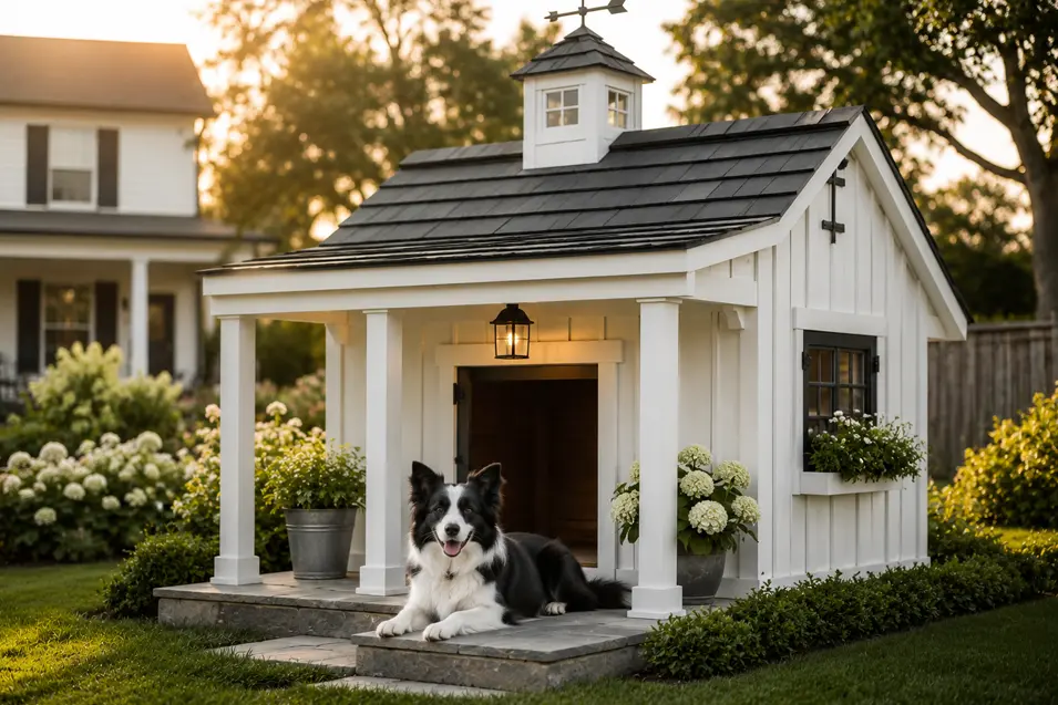 Charming farmhouse dog house with a happy Border Collie, white board-and-batten siding, cozy porch, and classic country style in a lush garden.