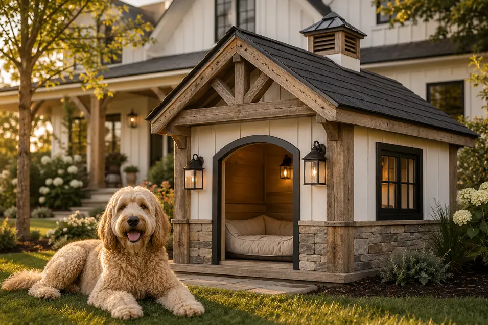 Charming farmhouse dog house with a happy Labradoodle, rustic timber accents, stone details, cozy lighting, and a welcoming country-style backyard.
