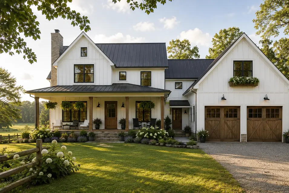 Farmhouse-style home with white board-and-batten siding, black metal roof, covered front porch, wood garage doors, and landscaped country setting.