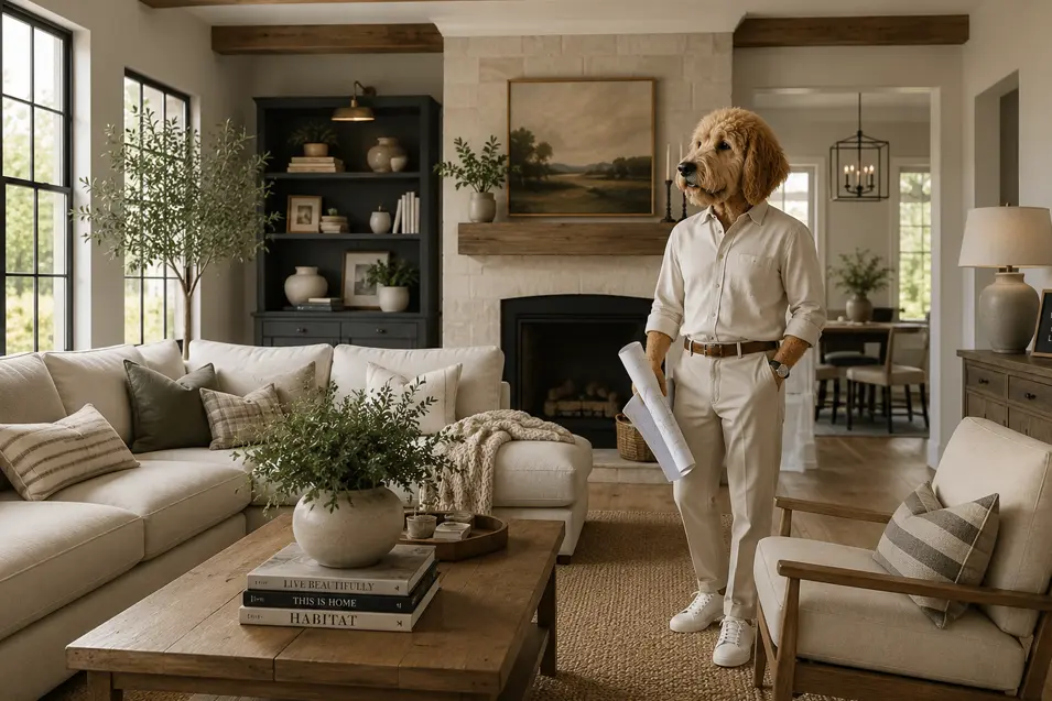 Modern farmhouse living room with a well-dressed doodle interior designer, featuring exposed wood beams, neutral furnishings, and a stone fireplace.