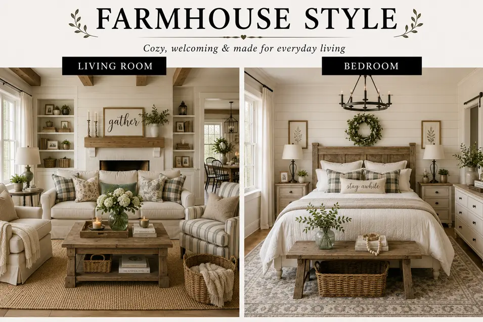 Farmhouse style interior showcase featuring a cozy living room and bedroom with shiplap walls, rustic wood accents, soft neutrals and inviting comfort.