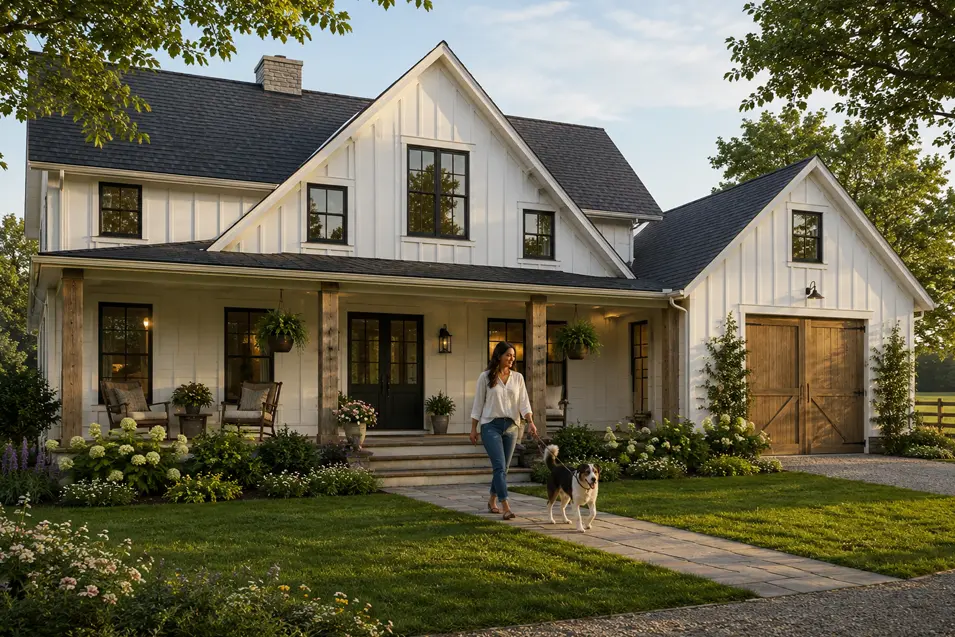 Farmhouse-style home with wraparound porch and lush gardens, a woman walking a mixed-breed dog along a stone path in warm evening light.