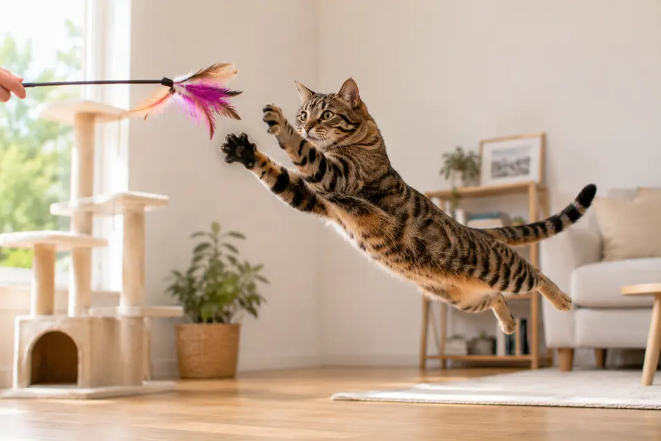 Athletic tabby cat leaping through the air to catch a feather wand toy, frozen mid-pounce with a focused expression in a bright living room.