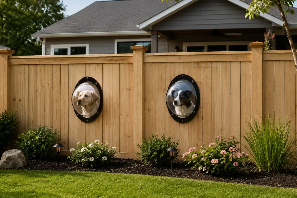 Modern backyard with a wooden privacy fence featuring two dog-viewing bubble windows, each showing a different dog, in front of a landscaped home and garden.