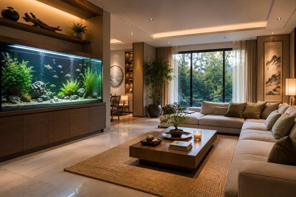 Luxury Feng Shui living room with a built-in aquarium, floor-to-ceiling garden views, warm natural tones, lush greenery, and elegant modern furnishings.