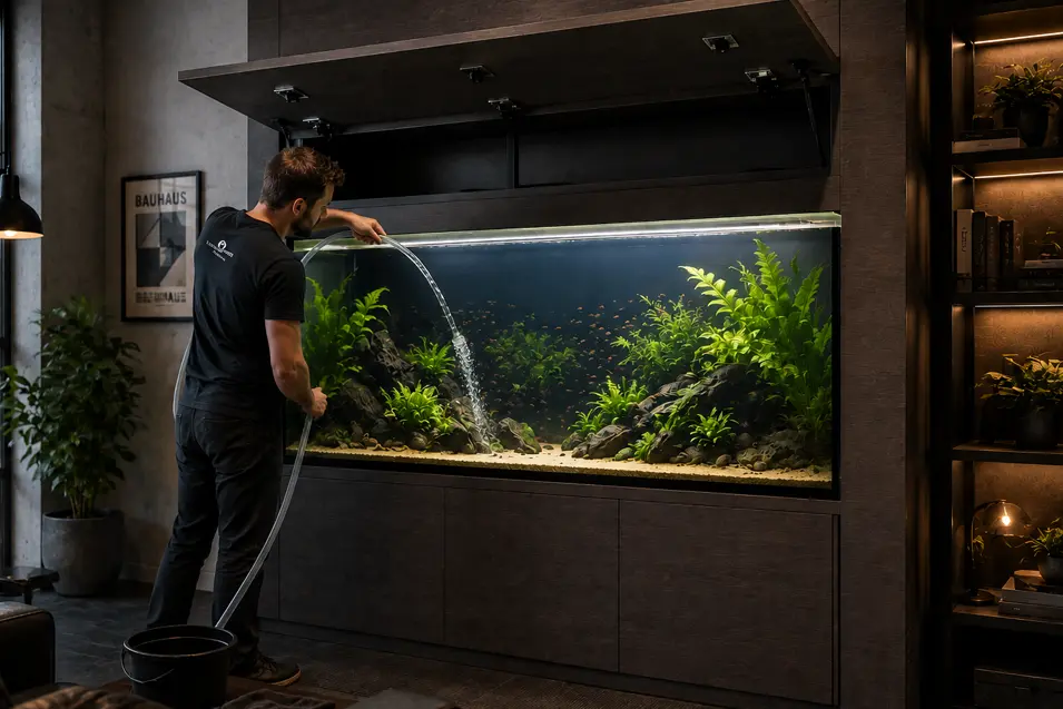 Man filling a built-in freshwater aquarium with a hose through overhead access doors in a modern room designed for easy water changes and maintenance.