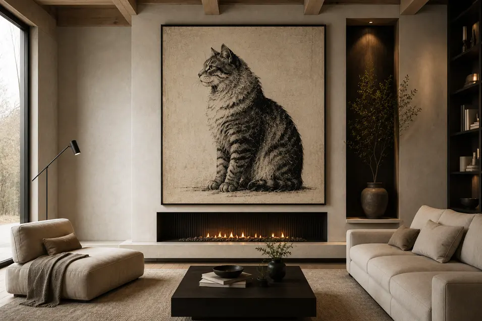 Modern minimalist living room with a large cat artwork above a linear fireplace, neutral furnishings, wood beams, built-in shelving, and warm ambient lighting.