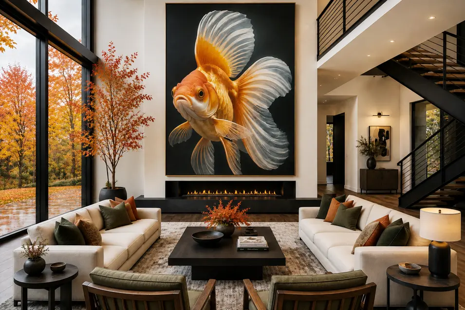 Modern luxury living room with custom furnishings, a floor-to-ceiling goldfish artwork above a sleek fireplace, and stunning autumn views through expansive windows.