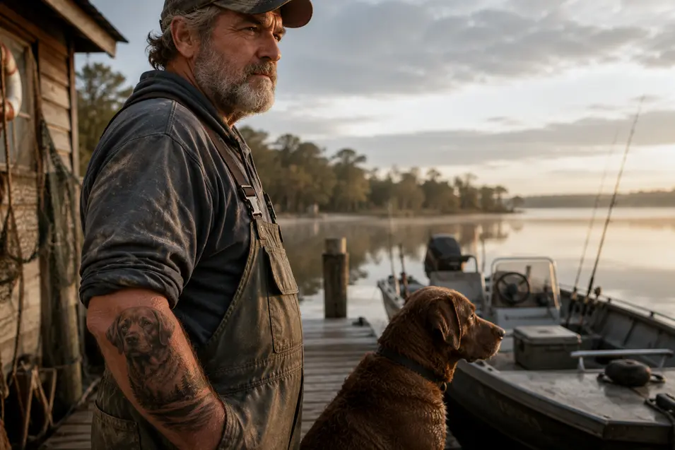 Weathered fisherman at a cedar dock with a Chesapeake Bay Retriever tattoo, standing beside his loyal dog as dawn breaks over calm water.