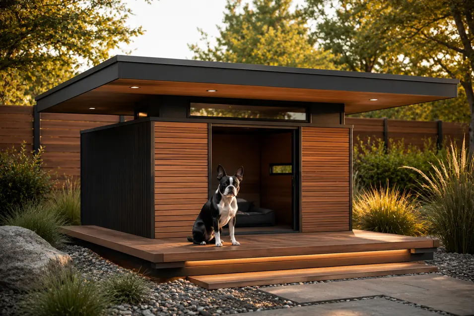 Luxury modern dog house with warm cedar cladding, sleek black accents, a floating roof, and ambient deck lighting, featuring a stylish Boston Terrier.