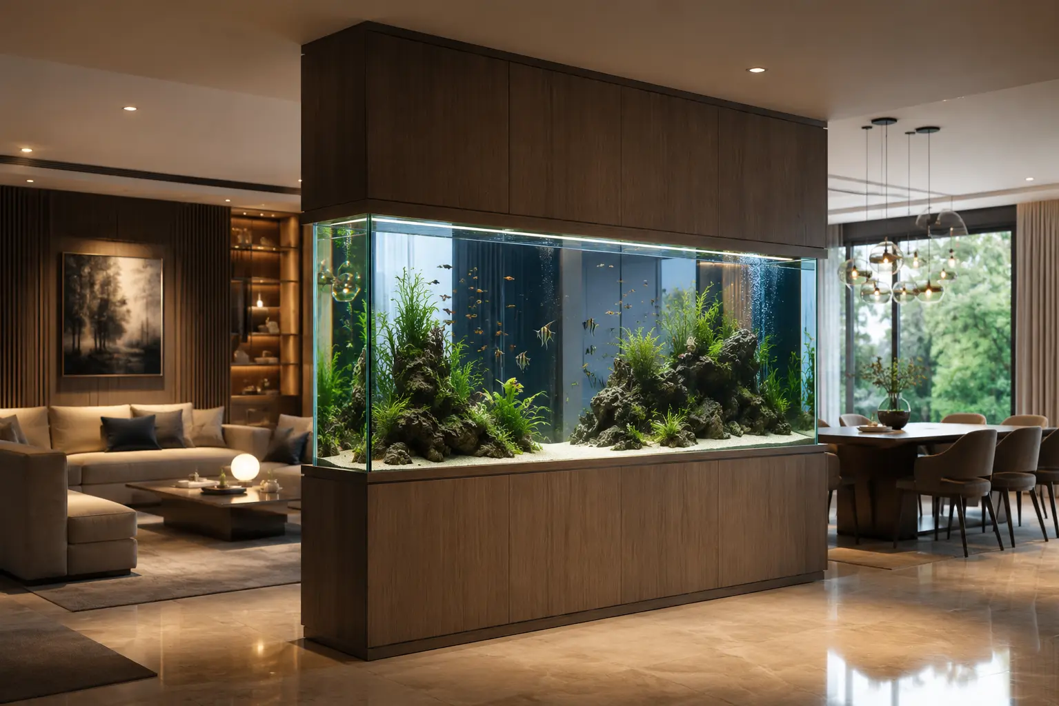 A floating aquarium elegantly divides the living and dining spaces, creating openness, warmth, and a stunning living focal point.