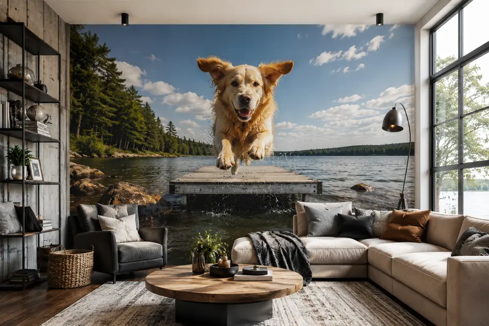 Modern rustic living room with a floor-to-ceiling mural of a golden retriever jumping from a dock into a lake.