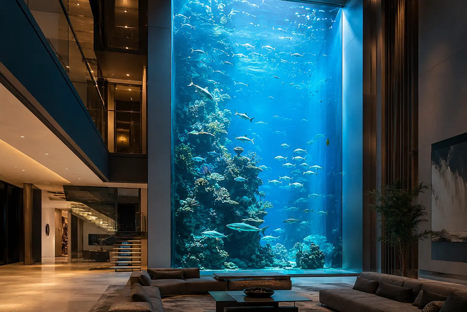 A towering floor-to-ceiling aquarium transforms a luxury interior into a museum-like centerpiece, filled with vibrant marine life and dramatic scale.