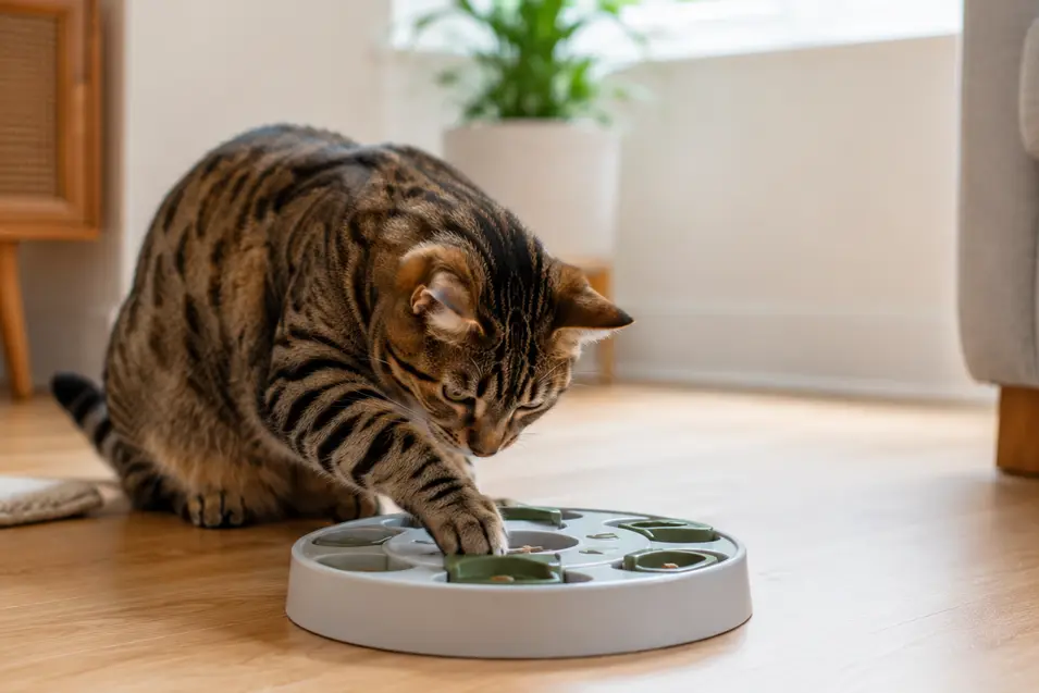 Curious tabby cat using an interactive puzzle feeder, searching for hidden treats with a focused expression in a bright, sunlit home.