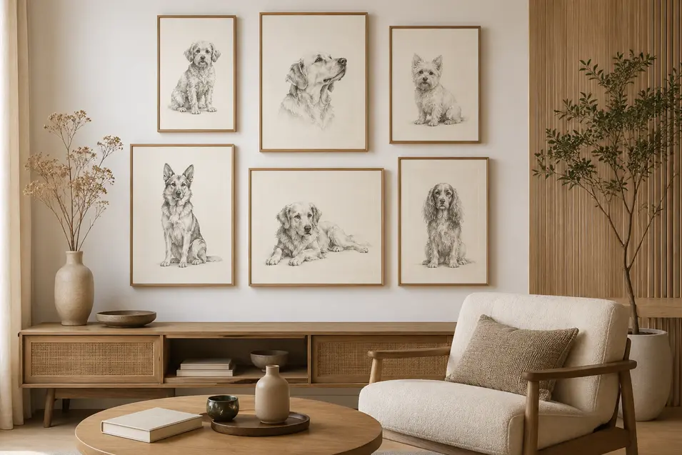 Japandi living room with six framed dog pencil sketches, warm wood furniture, neutral textiles, plants, and soft natural light.