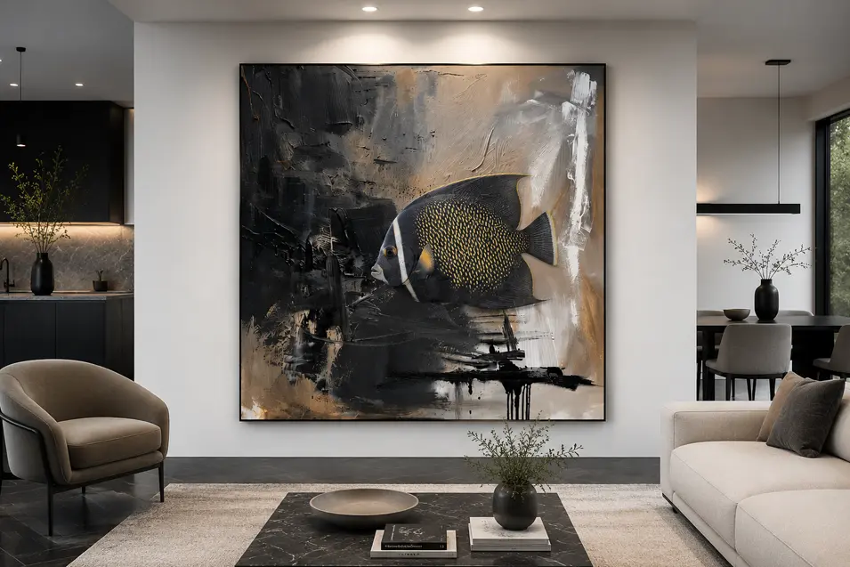 Modern luxury living room with dark stone floors, light rug, sculptural furniture, and a bold French Angelfish artwork as the dramatic focal point.