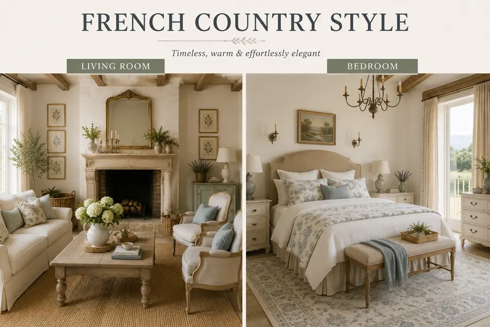 French Country style showcase featuring a rustic-elegant living room and serene bedroom with soft neutrals, antique-inspired furnishings and natural textures.