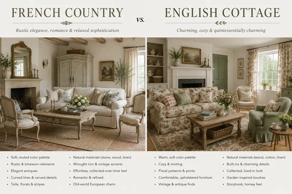 Side-by-side living room comparison: French Country with rustic elegance, antiques and muted tones vs English Cottage with floral patterns, cozy charm and a lived-in feel.