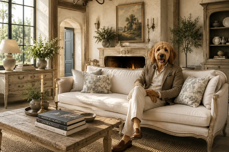 French Country living room with a well-dressed doodle interior designer, featuring antique wood furnishings, soft linens, a stone fireplace, and warm elegance.