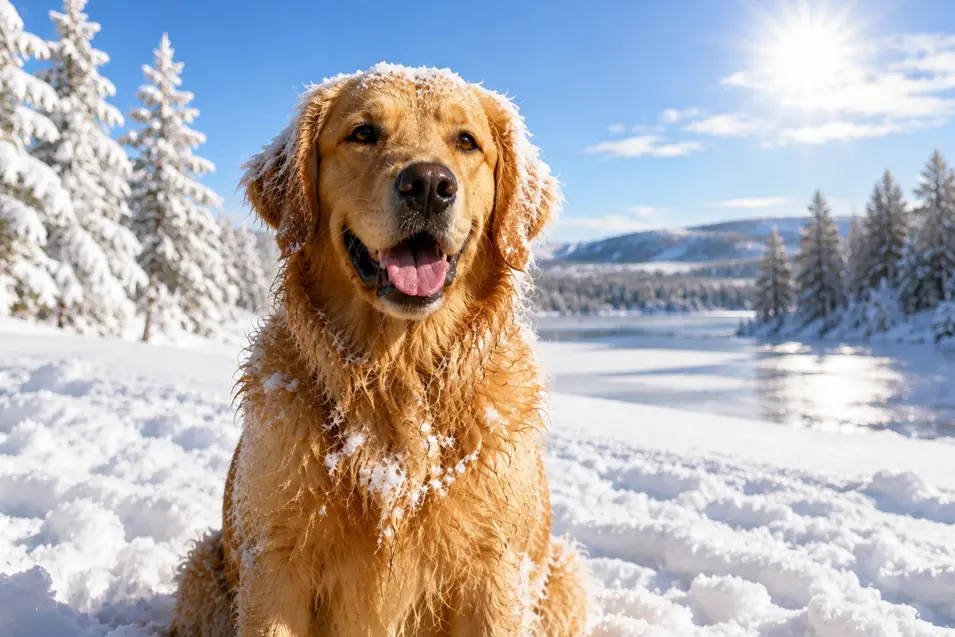 Happy Golden Retriever sitting in fresh snow by a frozen lake, dusted with snow under bright winter sunshine and a clear blue sky.
