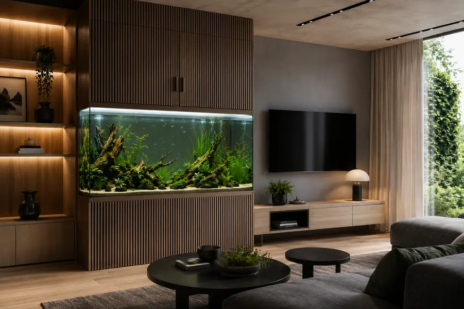 Modern living room with a built-in freshwater aquarium, wood slat cabinetry, hidden access doors, minimalist furniture, and warm natural lighting.