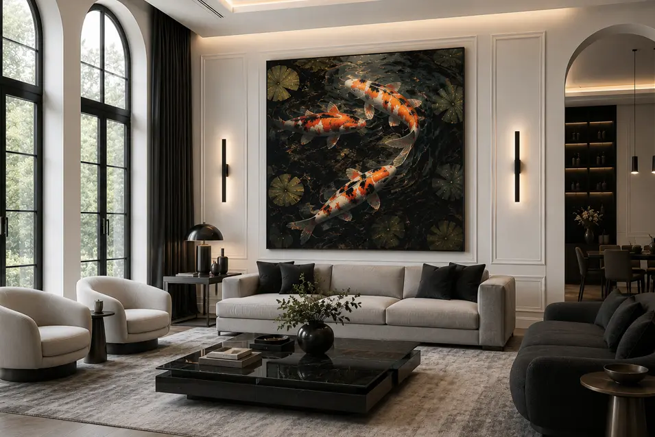 Photorealistic modern living room with sculptural furniture, a large square koi painting, sleek black wall sconces, warm lighting, and light wood flooring.