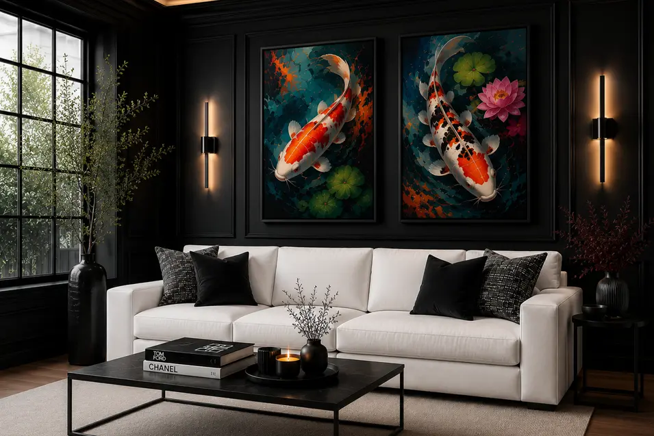 Modern luxury living room with charcoal walls, a white sofa, colorful koi artwork, sleek black accents, designer lighting, and sculptural plants in a sophisticated setting.