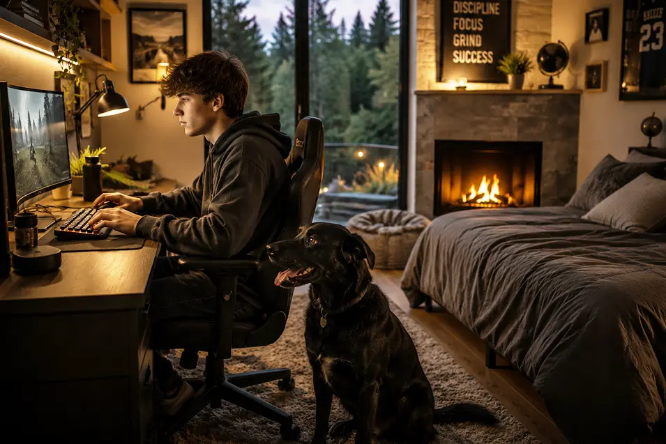 Teen boy playing video games as dog watches