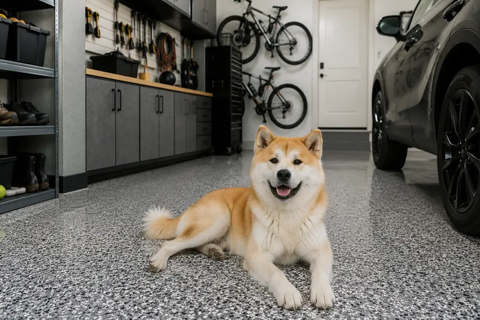 Akita relaxing on a durable epoxy-coated garage floor in a clean, modern garage featuring custom storage cabinets, organized tools, wall-mounted bicycles, and a parked SUV. The bright, pet-friendly space showcases a low-maintenance flooring solution designed to withstand dirt, moisture, scratches, and everyday wear from pets.