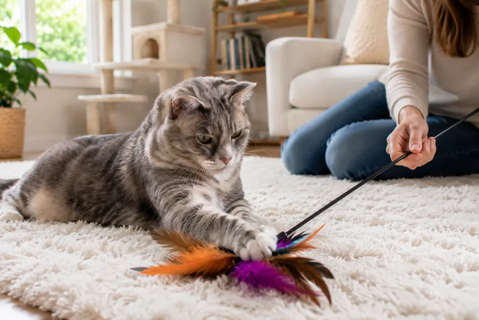 Senior gray tabby cat lying on a soft rug, gently batting a feather toy during a relaxed play session with a caring owner nearby.