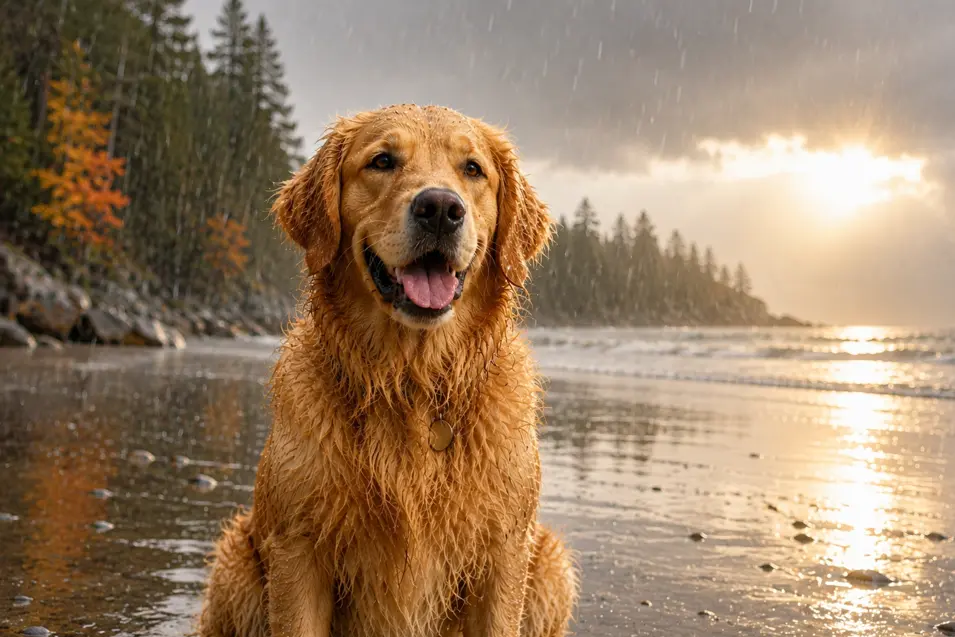 Happy Golden Retriever sitting on a rainy beach at sunset, with wet fur, golden light breaking through storm clouds, and a peaceful coastal backdrop.