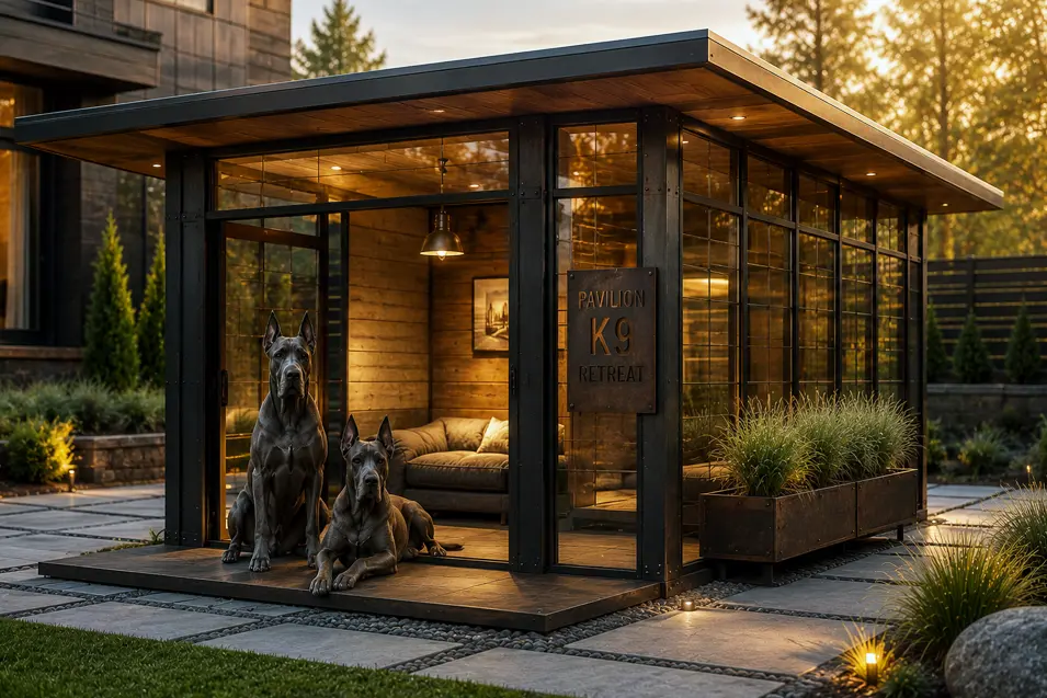 Luxury industrial glass and steel dog house with warm wood accents, featuring two majestic Great Danes beside a stunning modern home at sunset.