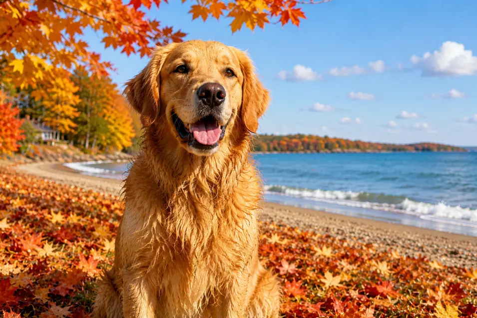 Happy Golden Retriever sitting on a lakeshore surrounded by vibrant autumn leaves, with colorful trees, blue water, and clear skies in the background.