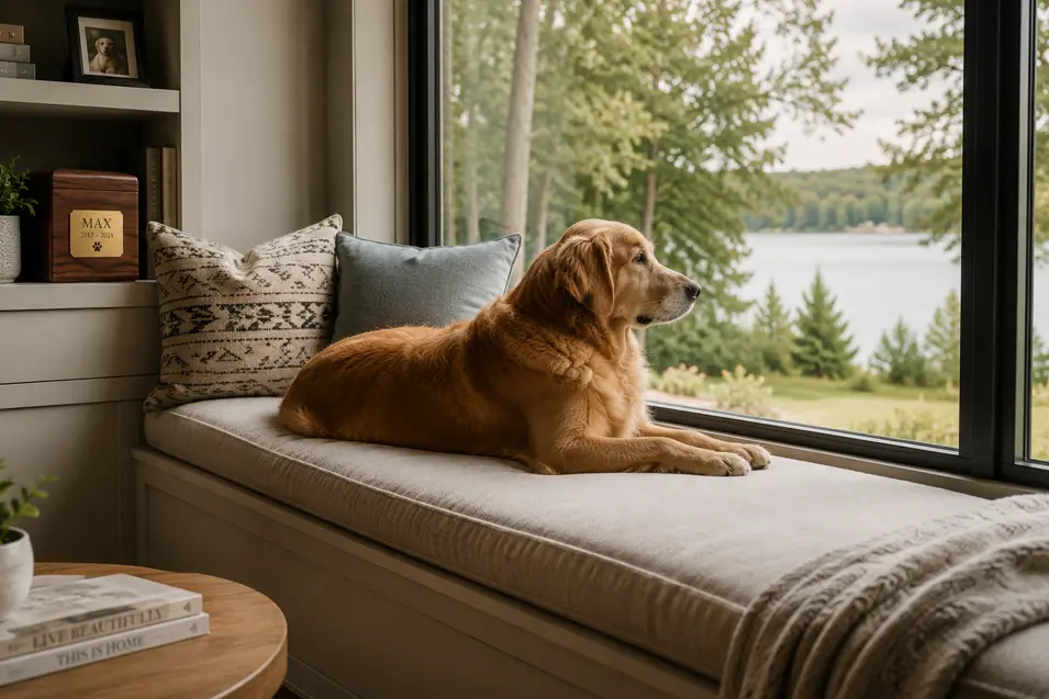 Golden Retriever relaxing on a large cushioned window bench, gazing outdoors in a bright modern home with built-in shelving and soft natural light.
