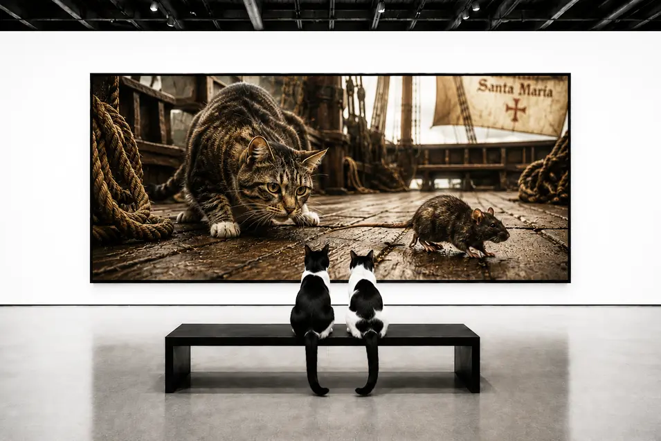 Two Cap-and-Saddle cats admire a dramatic gallery artwork of a ship's cat stalking a rat aboard the Santa María in a bright, modern museum.