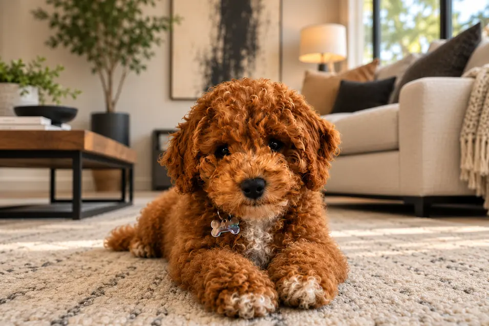 Curly-haired puppy lying on a cozy rug in a bright modern living room, gazing at the camera with expressive eyes in warm natural light.
