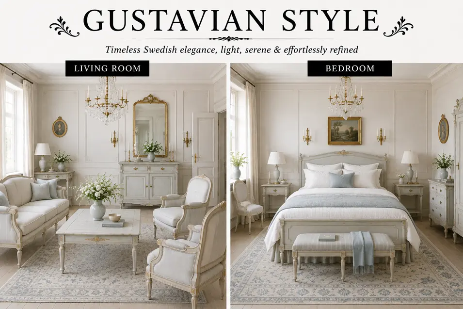Gustavian style interior showcase featuring an elegant living room and bedroom with pale tones, painted furniture, crystal chandeliers and Swedish-inspired refinement.