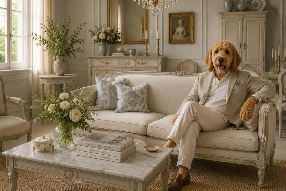 Gustavian living room with a well-dressed doodle interior designer, featuring pale wood furnishings, soft neutrals, marble accents, and timeless Swedish elegance.