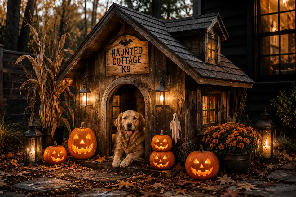 Charming haunted cottage dog house with spooky Halloween décor, glowing jack-o'-lanterns and lanterns, featuring a happy Golden Retriever.