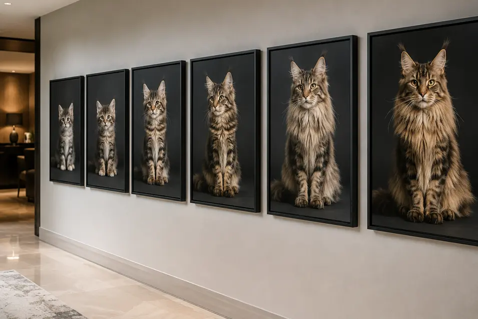 Modern hallway gallery featuring six framed cat portraits showing a Maine Coon’s growth from kitten to adult, displayed on a minimalist wall.