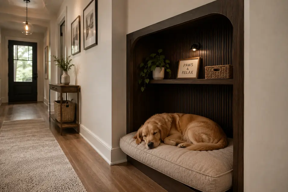 Built-in dark walnut hallway pet nook with a plush dog bed, warm lighting and decor, where a golden retriever naps comfortably without blocking the walkway.