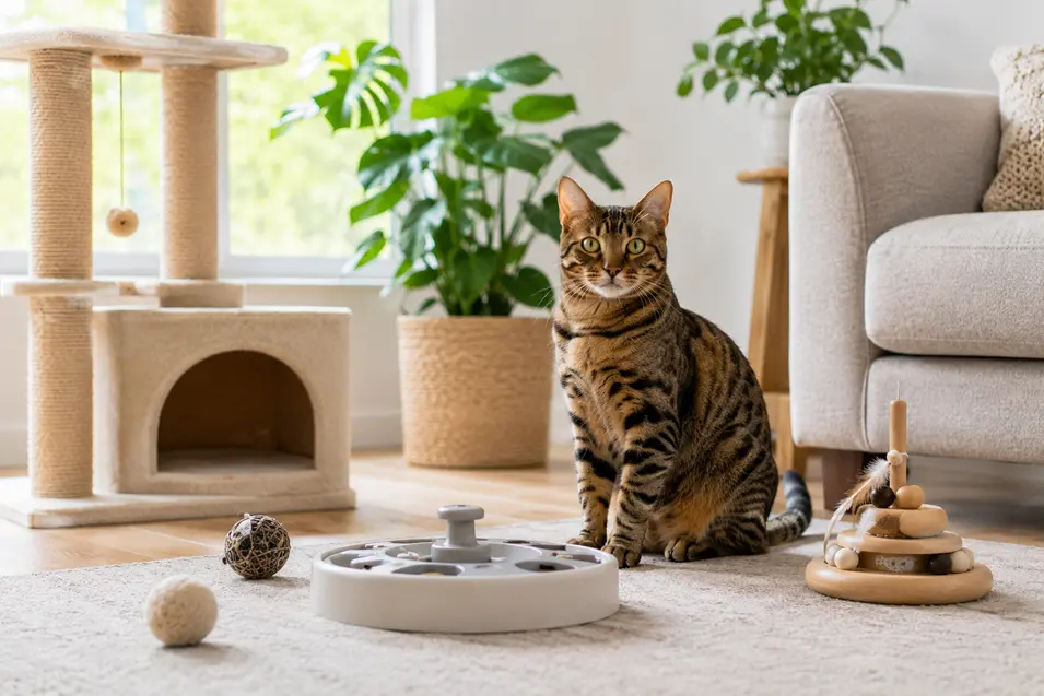 Healthy tabby cat sitting beside a puzzle feeder, cat tree, and enrichment toys in a bright pet-friendly living room filled with natural sunlight.