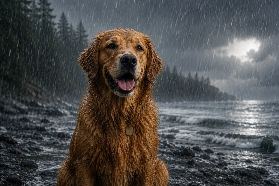 Wet Golden Retriever sitting on a rocky shoreline during a heavy rainstorm, with dramatic dark clouds, crashing waves, and a moody coastal backdrop.