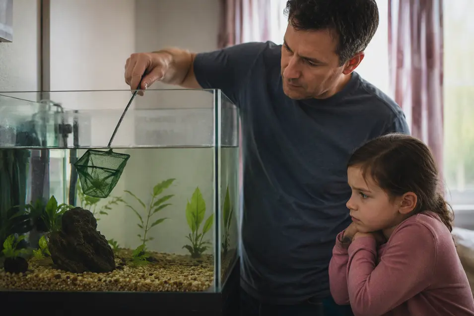 Man uses a fish net over an aquarium while a sad young girl watches, illustrating a child coping with the loss of a pet fish.